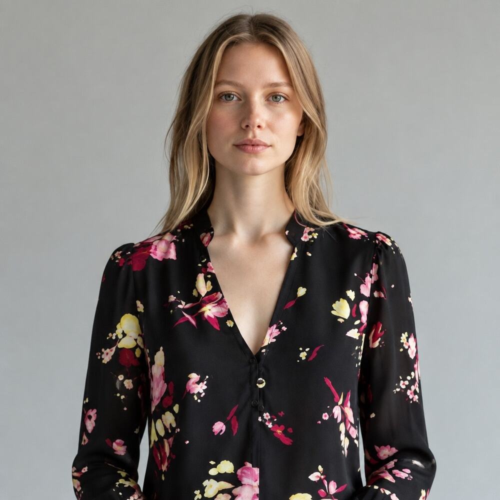 ALC A.L.C. Rivera Black Silk Floral Blouse Top Size 2